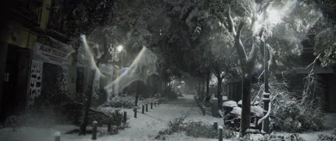 Fallen branches on empty street during massive blizzard Stock Footage 148384437