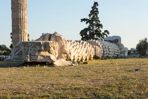 Fallen column in temple of zeus Stock Photos