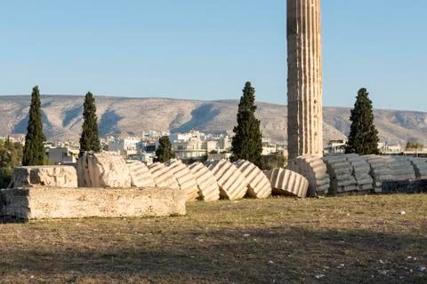 Fallen column in temple of zeus Stock Photos