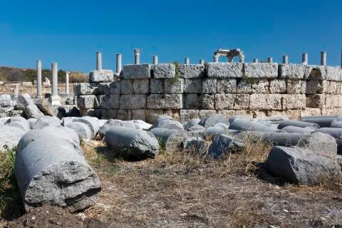 Fallen columns on the agora in Perge. Stock Photos