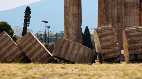 Fallen columns in the Temple of Olympian Zeus in Athens, Greece Stock Footage 64411800