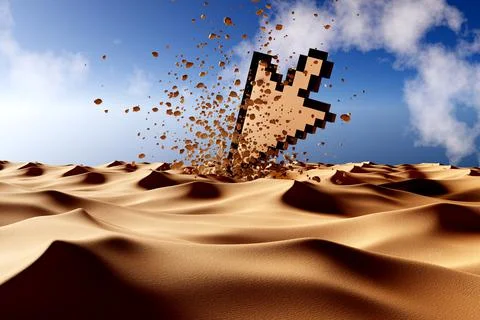 Fallen Down Error Crashed Computer Mouse Cursor Pixel Pointer in Desert - 3d Stock Illustration