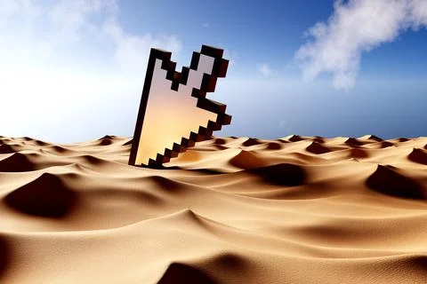 Fallen Down Error Crashed Computer Mouse Cursor Pixel Pointer in Desert - 3d Stock Illustration