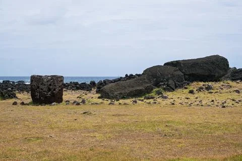 Fallen Moai statue at Ahu Te Pito Kura, Easter Island (Paro) Stock Photos
