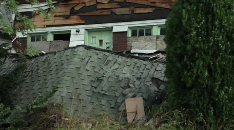 Fallen Roof of Abandoned House Detroit Porch Blight Decrepit Stock Footage