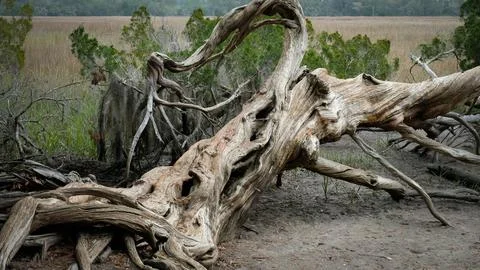 Fallen tree with considerable erosion, resembling driftwood. Coastal Georgi.. Stock Photos