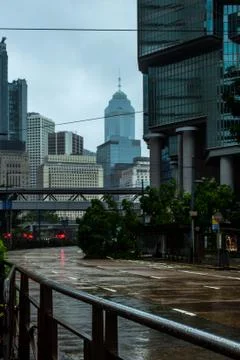 A fallen tree in the empty streets of Hong Kong after a storm - 1 Foto stock