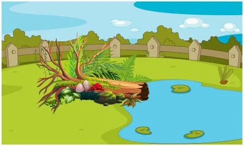 Fallen tree on small mushroom plants and leaves at river edge in the garden Illustrazione stock
