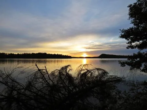 Fallen Tree at Sunset Over Beautiful Lake with Cloudy Sky in background Stock Photos