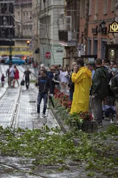 Fallen wires, element, after disaster, aftermath storm, reportage, city trouble Stock Photos