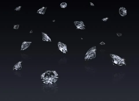 Falling 3D diamonds on black background. 3D render Illustrazione stock