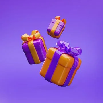 Falling 3D gift boxes of various shapes, tied with a ribbon and bow, in orange Stock Illustration