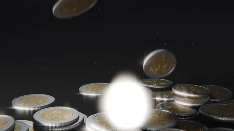 Falling from above gold-center, silver-rimmed coins striking stacks on dark Stock Footage 337886005