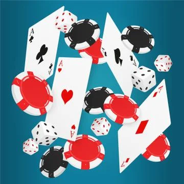 Falling aces cards with red and black chips and different dice on blue Stock Illustration