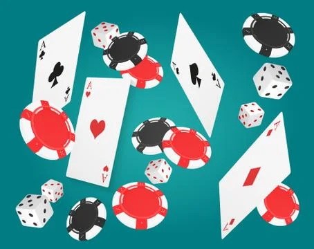 Falling aces cards with red and black chips and different dice on blue Stock Illustration