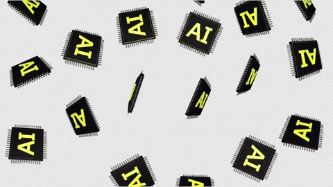 Falling AI Microchips Animation on Alpha Channel, Looped Video stock 285230880