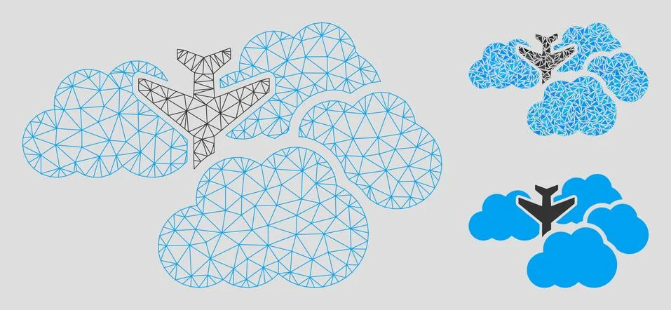 Falling Airplane in Clouds Vector Mesh Wire Frame Model and Triangle Mosaic Icon Stock Illustration