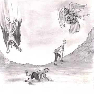 Falling and Crawling Angels of Devils, Man Walking Angel Flying Harp Ilustração Stock