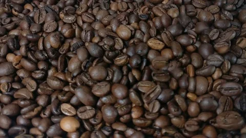 Falling and rotation roasted coffee beans Stock Footage 75526552