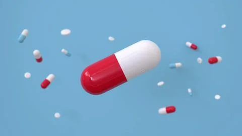 Falling antibiotic capsules isolated on light green background. Health care a Stock Illustration