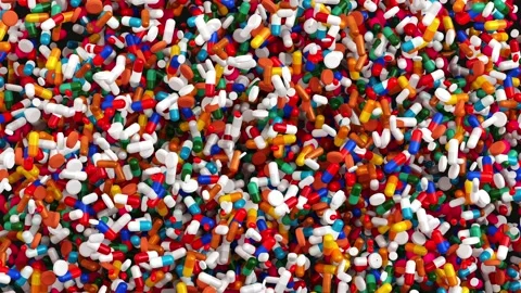 Falling antibiotic capsules out of the pill bottle, medical. 3D rendering. 4K Stock Footage 201038406