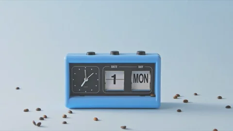 Falling aromatic coffee grains on a retro clock and changing shadows from sun. Stock Footage 129636330