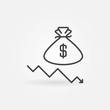 Falling Arrow with Money Bag vector Devaluation concept outline icon Stock Illustration