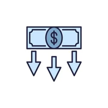 Falling Arrows and Dollar Banknote vector Devaluation colored icon Stock Illustration