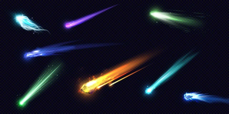 Falling asteroid comet different colors with fire trail, high speed flying burn Stock Illustration