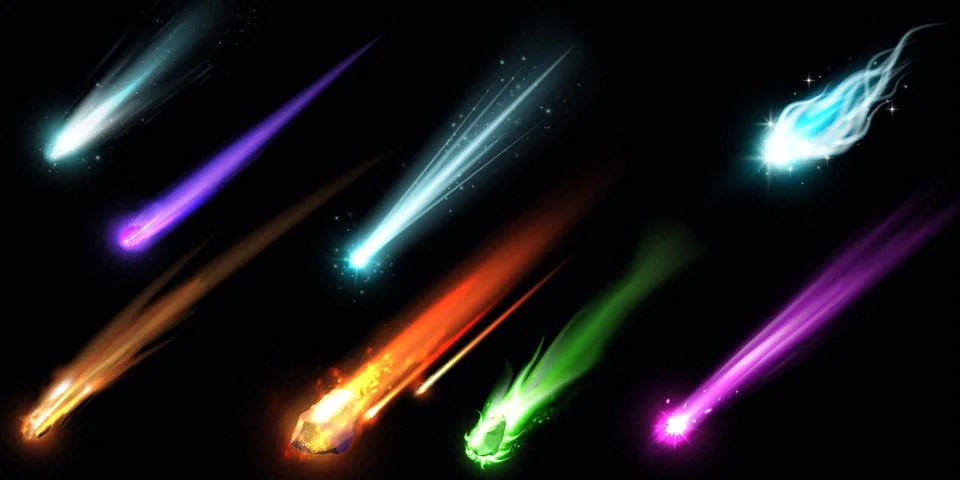 Falling asteroid or comet different colors with fire trail, realistic vector Stock Illustration
