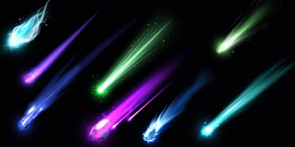 Falling asteroid or comet different colors with fire trail, vector realistic Stock Illustration
