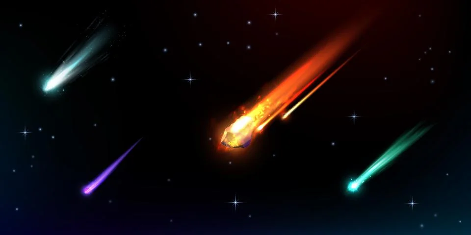 Falling asteroid or comet different colors with fire trail, realistic vector Stock Illustration