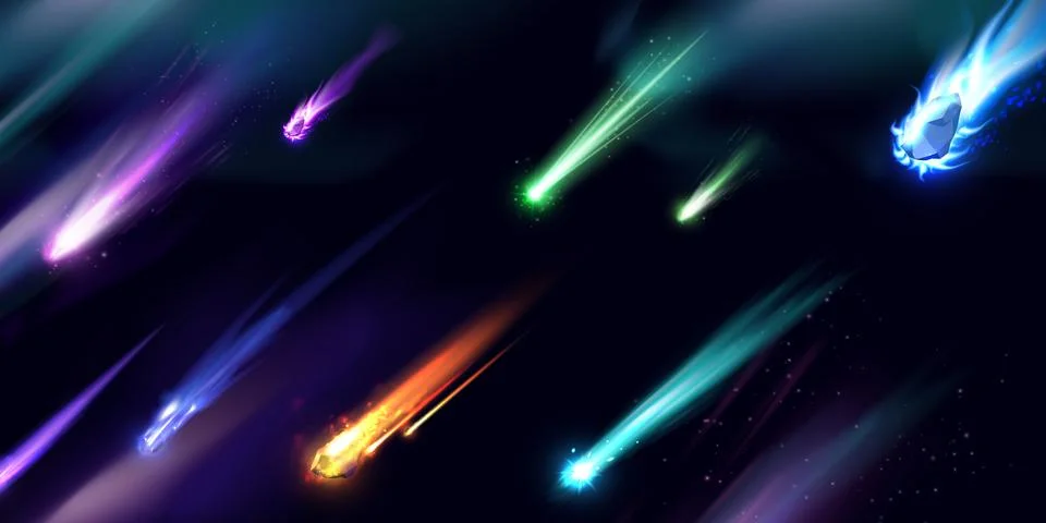 Falling asteroid or comet different colors with fire trail, realistic vector Stock Illustration