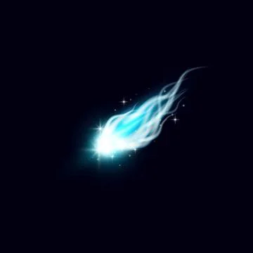 Falling asteroid or comet with fire tail and sparkles, realistic vector flying Stock Illustration