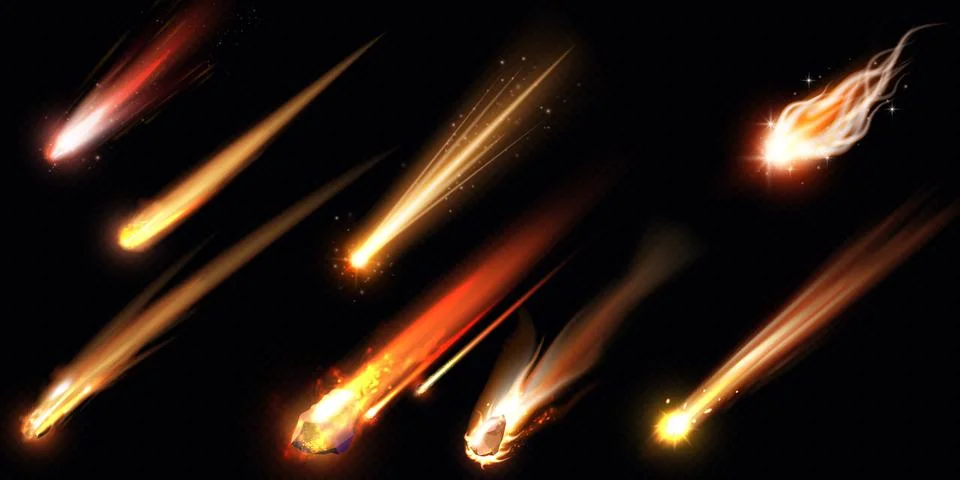 Falling asteroid or comet with orange fire tail, realistic vector flying Stock Illustration