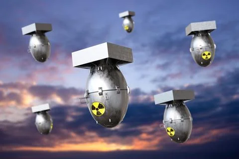 Falling atomic bombs against the sunset sky Stock Illustration