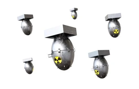 Falling atomic bombs isolated on white background Stock Illustration