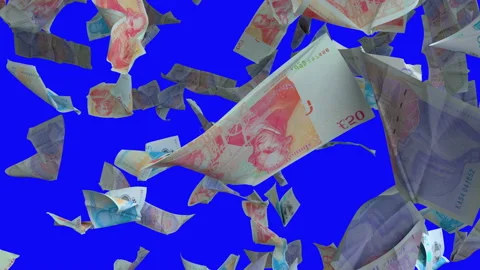 Falling Banknotes of British Pound Sterling on Blue Chroma Key 4K Loopable Stock Footage 144869296