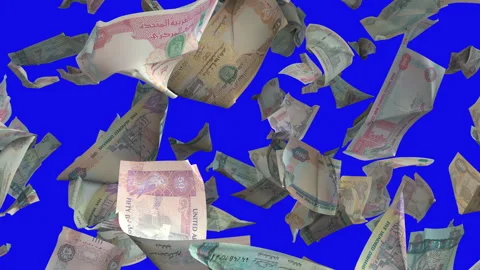Falling banknotes on Dirham UAE United Arab Emirates Chroma key 4K Loopable Stock Footage 143920743