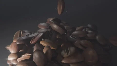 Falling beans landing on pile of roasted beans in studio set, building taller Stock Footage 337505092
