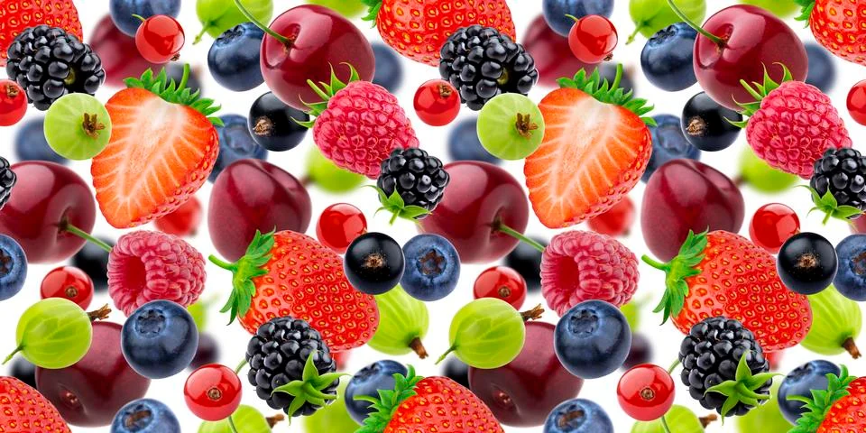 Falling berries seamless pattern isolated on white background Stock Photos