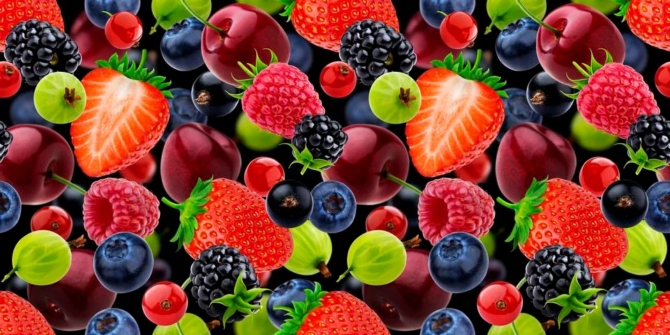 Falling berries seamless pattern isolated on black background Stock Photos