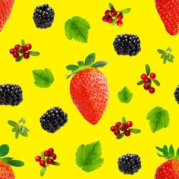 Falling berries seamless pattern isolated on yellow background, different flying Stock Photos