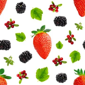 Falling berries seamless pattern isolated on white background, different flying Stock Photos