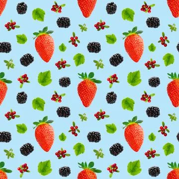 Falling berries seamless pattern isolated on blue background, different flying Stock Photos