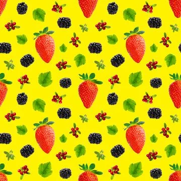 Falling berries seamless pattern isolated on yellow background, different flying Stock Photos