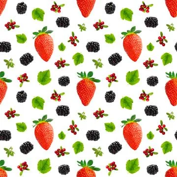 Falling berries seamless pattern isolated on white background, different flying Stock Photos