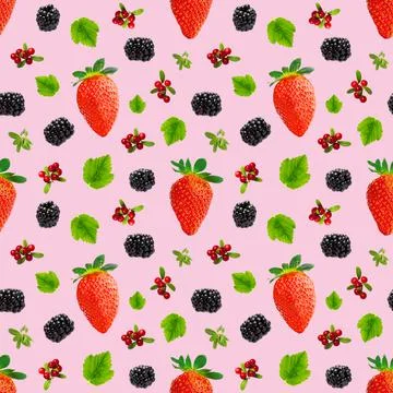 Falling berries seamless pattern isolated on pink background, different flying Stock Photos