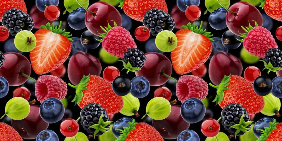 Falling berries seamless pattern isolated on black background Falling berr... Stock Photos