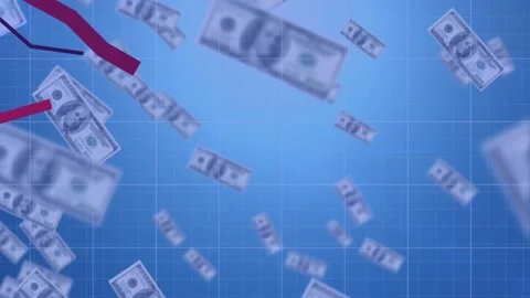 Falling bills moving forward, maroon trend line entering upper-left and Stock Footage 335235648
